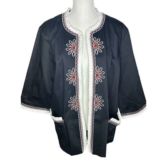 Bob Mackie Women's 1X Black Abstract Floral Embroidered Open Front Blazer Artsy - Picture 1 of 4